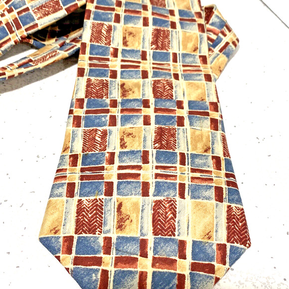Vintage Oscar De La Renta Silk Tie Necktie Luxury Made in USA Mod Retro tan blue - Picture 4 of 7